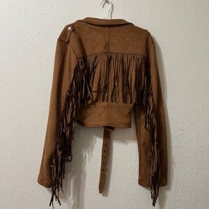 NWOT Vintage Style Brown Belted Faux Suede Fringe Moto Jacket Western Brass 70s